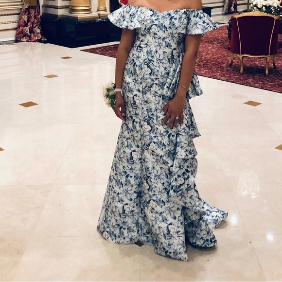 Badgley Mischka Blue and White Floral Maxi Dress